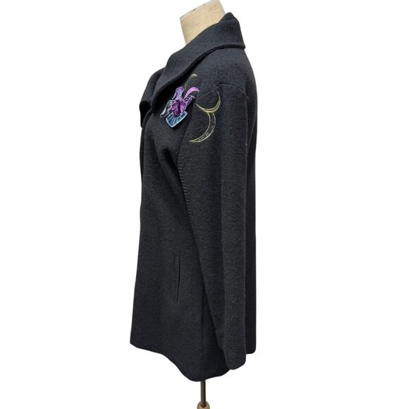 "Carson" 100% Wool Embroidered Floral Black Coat SZ L Netting On Sleeve Dk Fairy - Picture 2 of 16